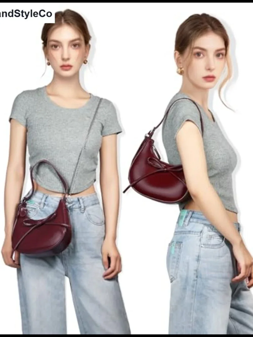 PU Leather Bow Crescent Shoulder Bag with Removable Chain Crossbody Handbag